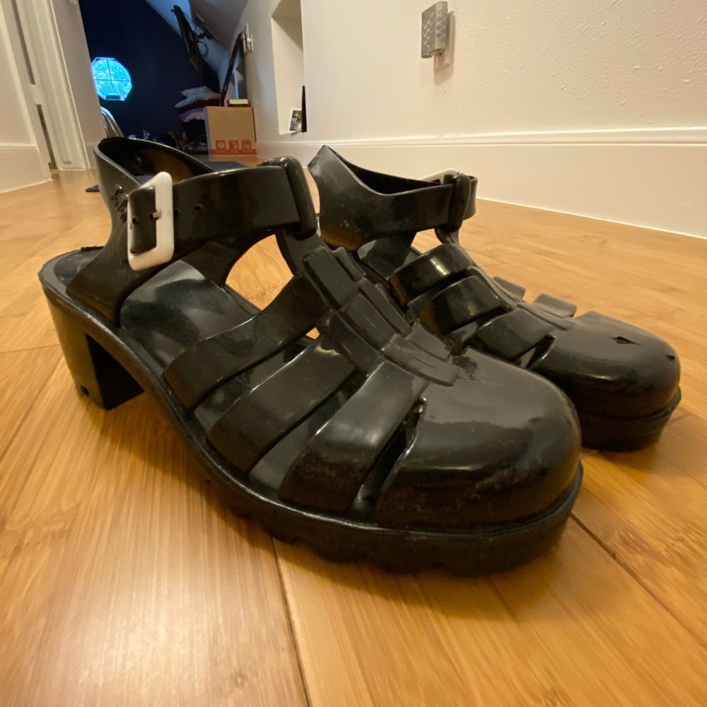 Black Jelly Chunky Heel Sandals